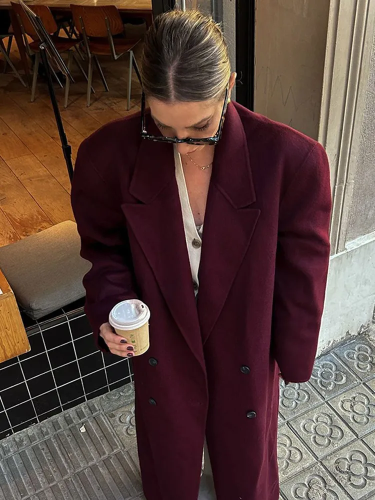 Vintage Wine Red Lapel Double Breasted Overcoat Elegant Loose Long Sleeve Pockets Woolen Coat Lady Autumn Commute Streetwear