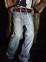 Pantalones vaqueros holgados azules lavados con estampado de diamantes de imitación para Hombre y mujer, Ropa de calle para Hombre, pantalones vaqueros informales lisos, Cargos sueltos