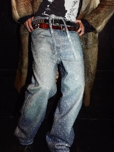 Pantalones vaqueros holgados azules lavados con estampado de diamantes de imitación para Hombre y mujer, Ropa de calle para Hombre, pantalones vaqueros informales lisos, Cargos sueltos