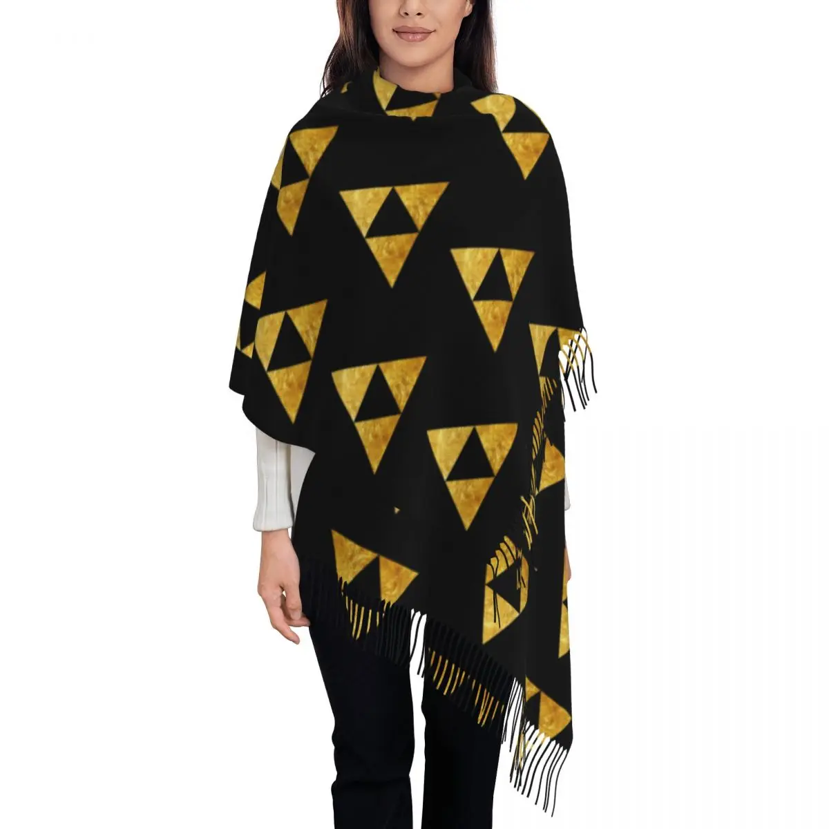 Gold Triforce Symbol Zelda Scarf Tassel Scarves for Women Soft Warm Shawls and Wraps Large Fall Winter Shawl Wrap