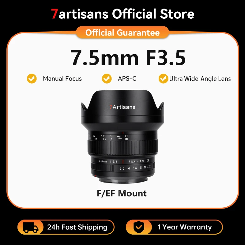 7artisans 7.5mm F3.5 Fisheye Lens Manual Focus APS-C 205°Ultra Wide-Angle Camera Lens For Canon EF Nikon F D750 D90 DSLR Cameras