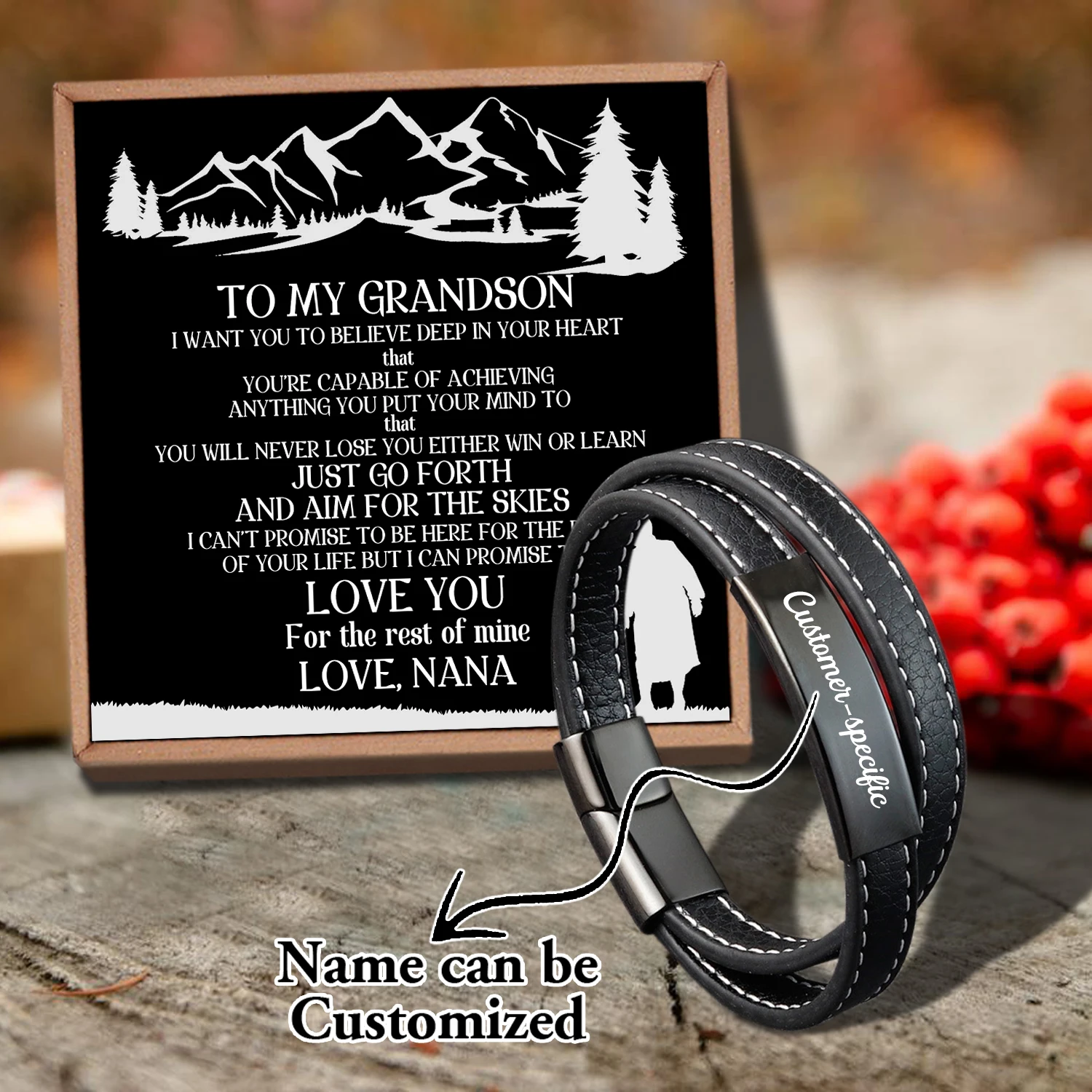 

Sam3102 Nana To May Grandson Name Can Be Customized Card text Classic Design Men's Stainless Steel Bracelets With Magnetic Clasp