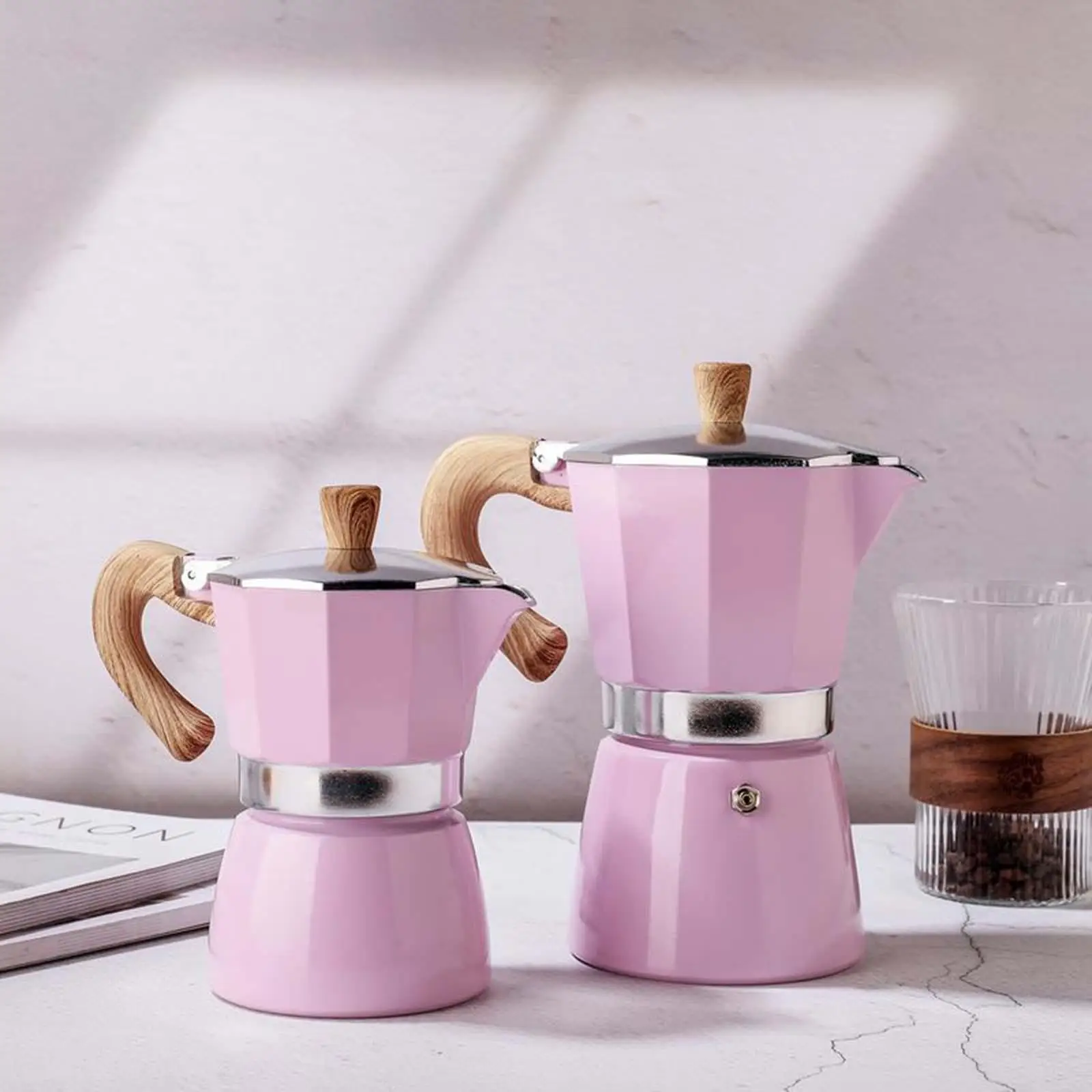 Aluminum Alloy Moka Pot Fashion Accessories Kettle Manual Pink Portable Octagonal for Restaurant Traveling Home Use Cafe Camping