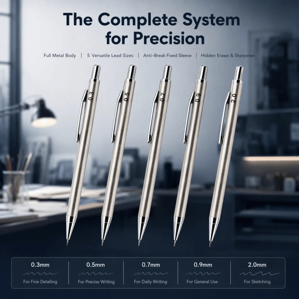 Full Metal Mechanical Pencil 0.3/0.5/0.7/0.9/2.0mm Built-in Eraser Automatic Pencil 2B Drafting Pencil Student & Drafting Use