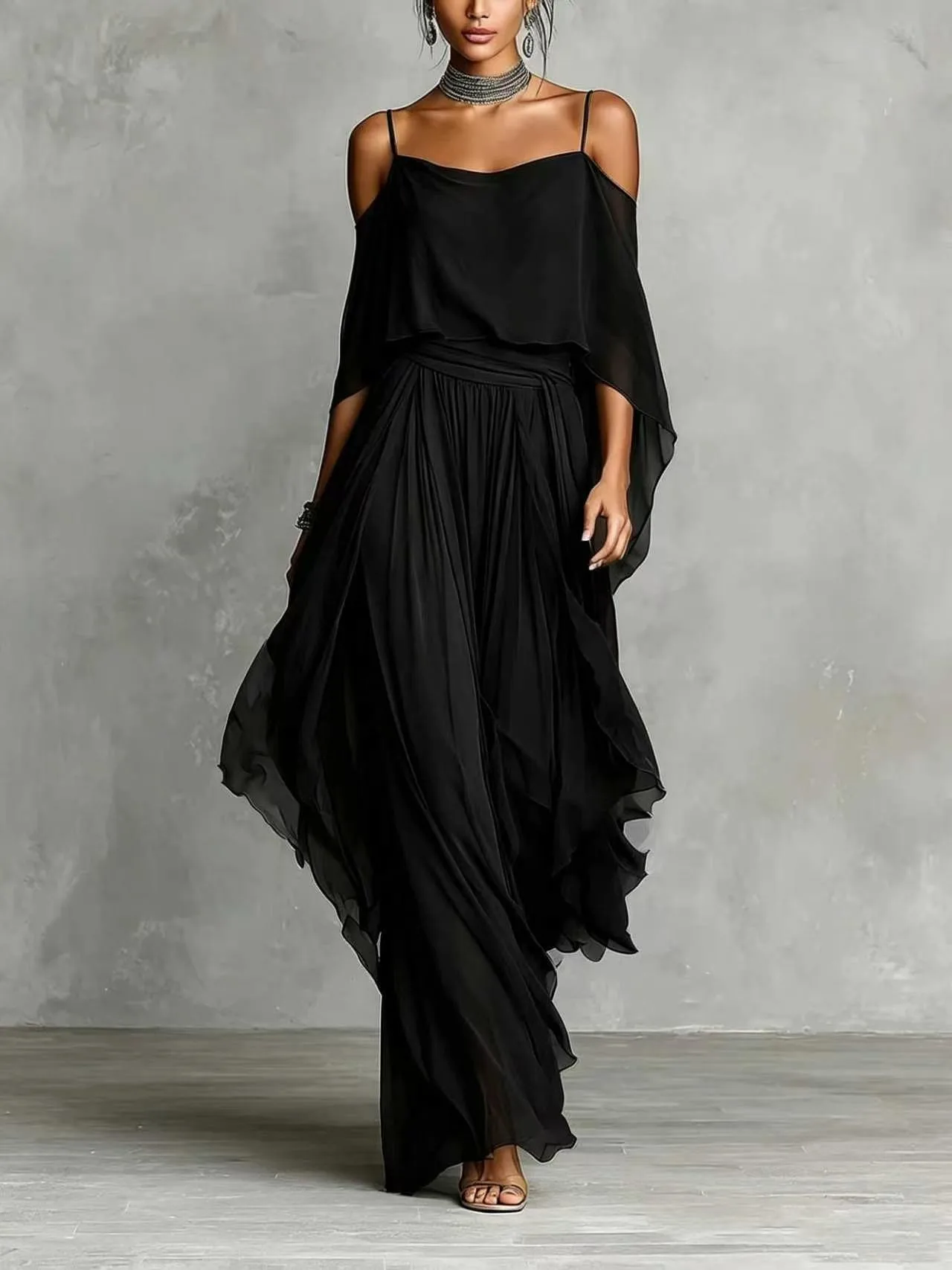 Women Wedding Guest Dresses Chiffon Long Maxi A Line Cold Shoulder Spaghetti Strap Draped Ruffle Party Evening Formal Wear