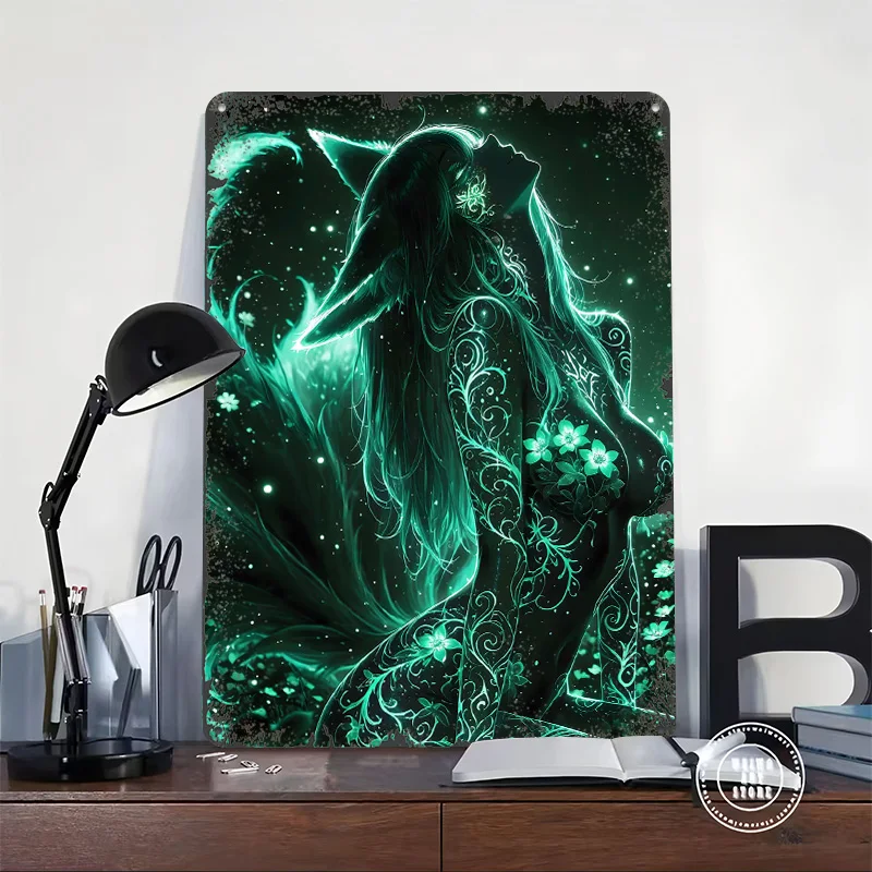 Fox Girl in Emerald Glow Tinplate Poster Customized Wall Art Vintage Retro Metal Signs for Mancave Decoration Room Coffee Bar