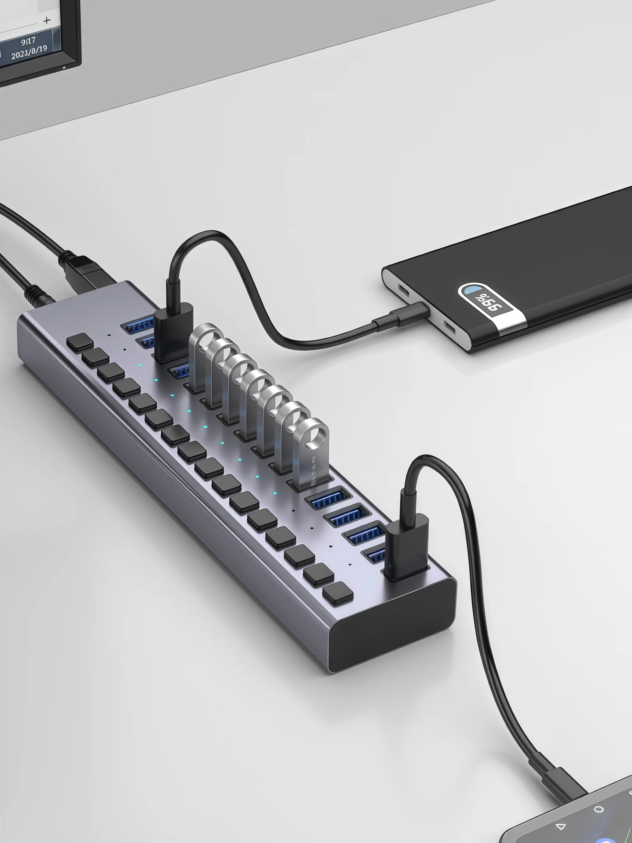 Hub USB 3.0 High Speed Multiport 16 10 7 Portów z Przełącznikami Włącz/Wyłącz i Zasilaczem, Rozdzielacz USB, Adapter Rozszerzający z Wieloma Portami — zdjęcie produktu 7