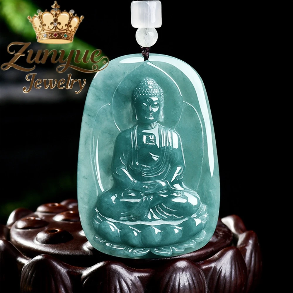 Natural Grade A Blue Water Jadeite Buddha Pendant Rat/Goat Zodiac Patron Saint Chinese Style Lucky Hand-Carved Fine Jewelry Gift