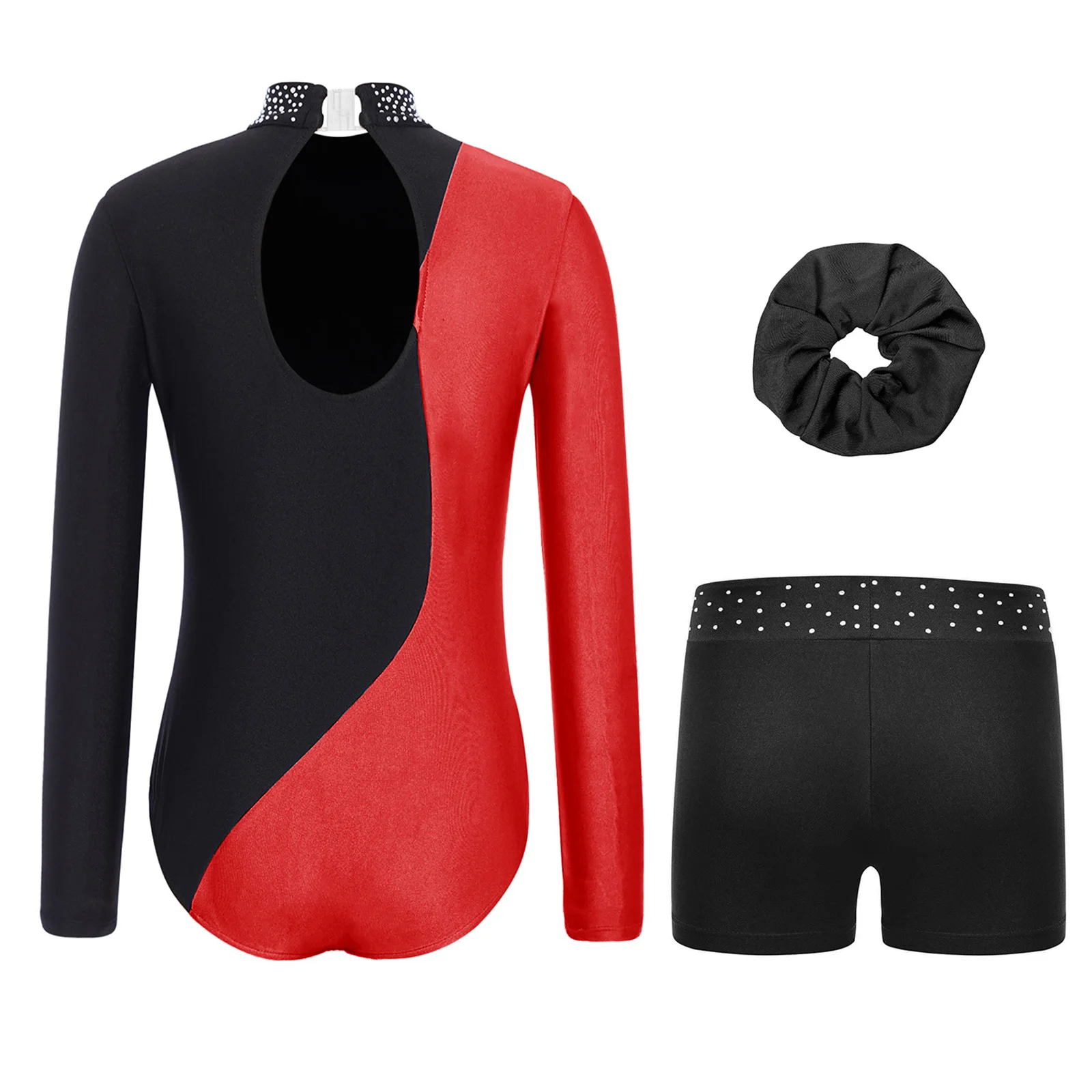Kids Girls Figure Skating Dance Outfit Long Sleeve Keyhole Back Shiny Rhinestones Color Gymnastics Leotard+Shorts+Hairband Set