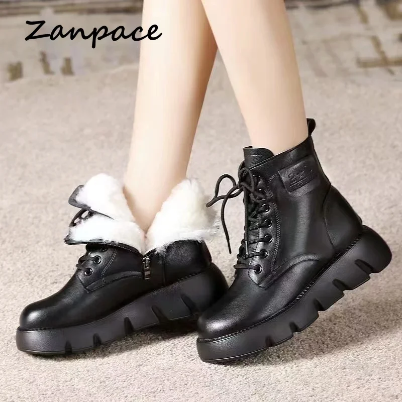 Womens Short Boots 2023 Leather Comfortable Ankle Boots Waterproof Thick-soled Padded Warm Women Shoes Casual Platform Boots