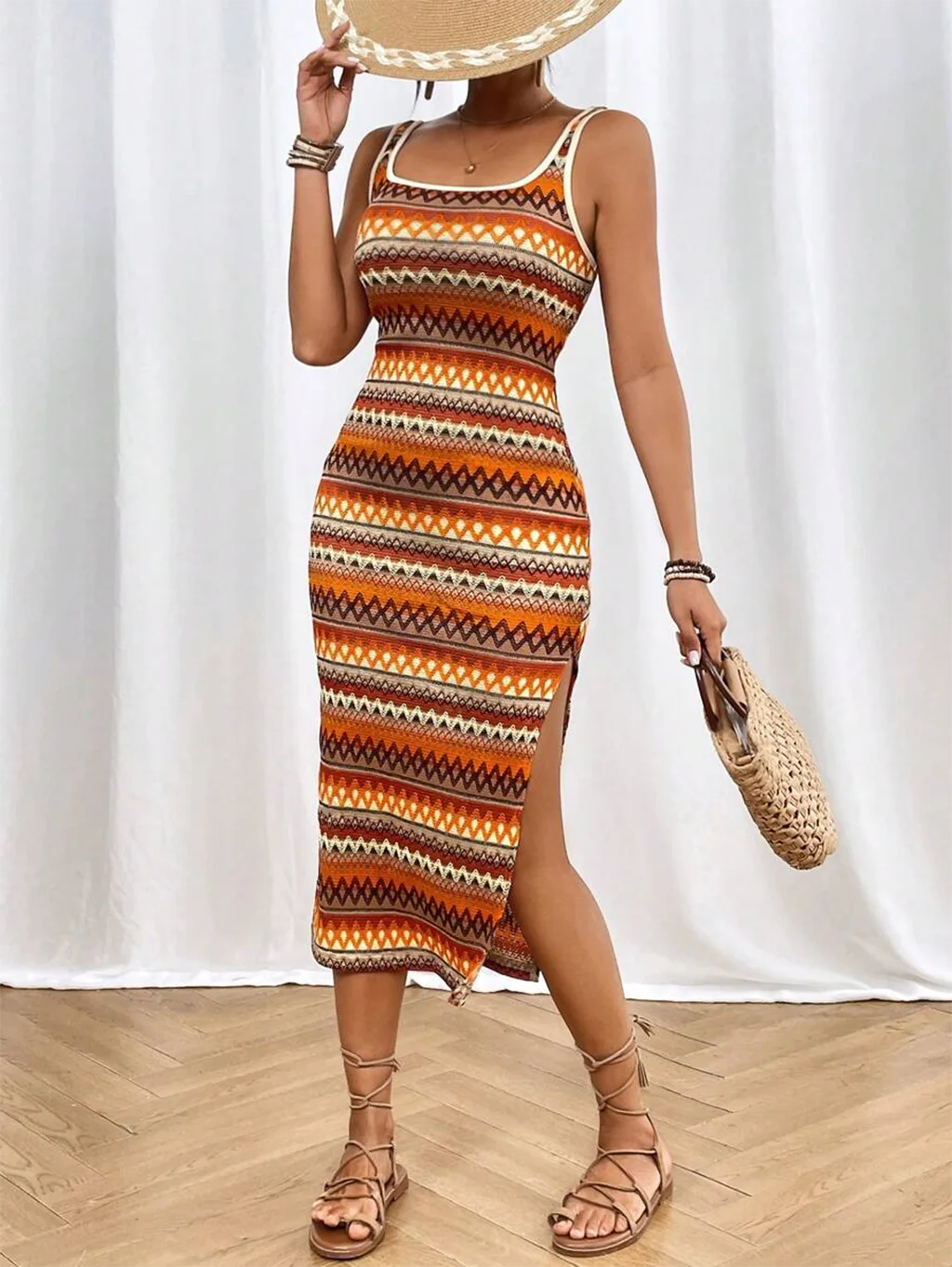 レディース ボヘミアンシック シェブロン バックレス スプリットヘム タンクドレス ノースリーブ スクープネック ロングドレス ビーチ ホリデー バケーション用