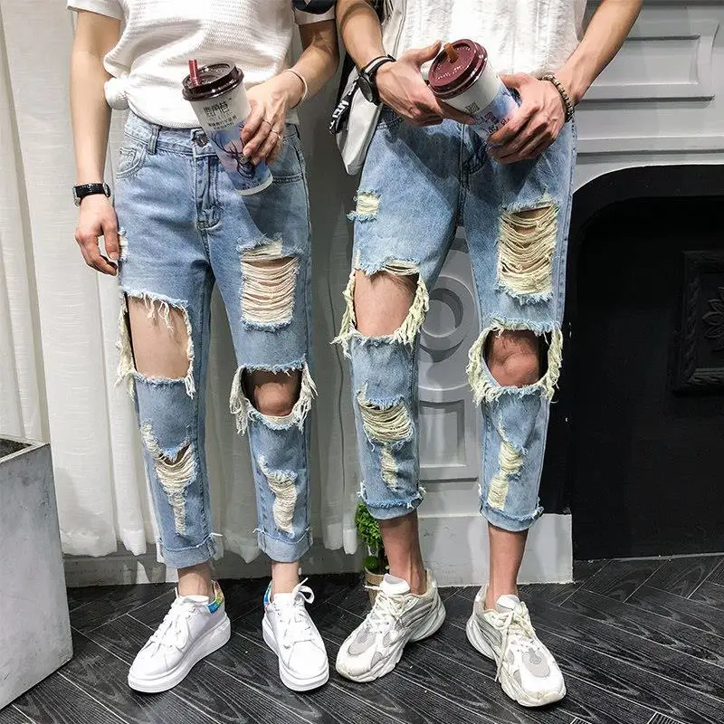 Couple Male Cowboy Pants Trousers Broken with Holes Stylish Grunge Y2k Classic Trend 2025 New in Casual Men's Jeans Ripped Torn