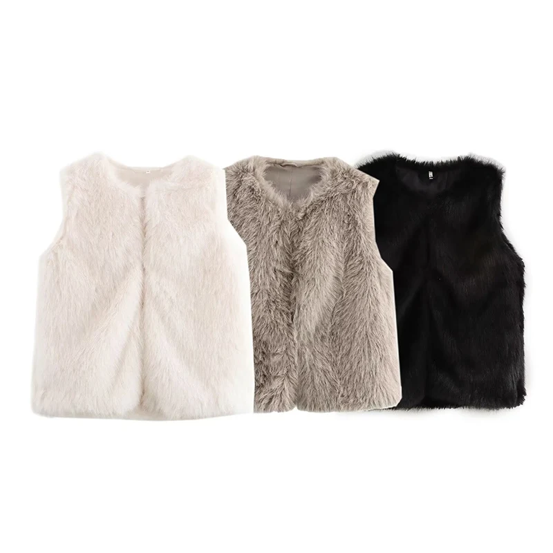 

Autumn Winter O-neck Sleeveless Solid Color Short Vest Tops Women Faux Fur Effect Warm Vest Female Casual Classic Wear 2025 New