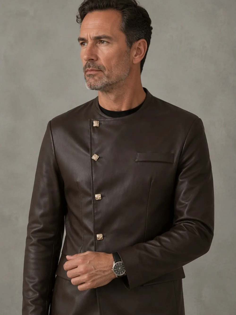 Men's Dark Brown Faux Leather Blazer Mandarin Collar Asymmetric Placket Buttons Slim Fit Casual Business Outerwear Suit Jacket