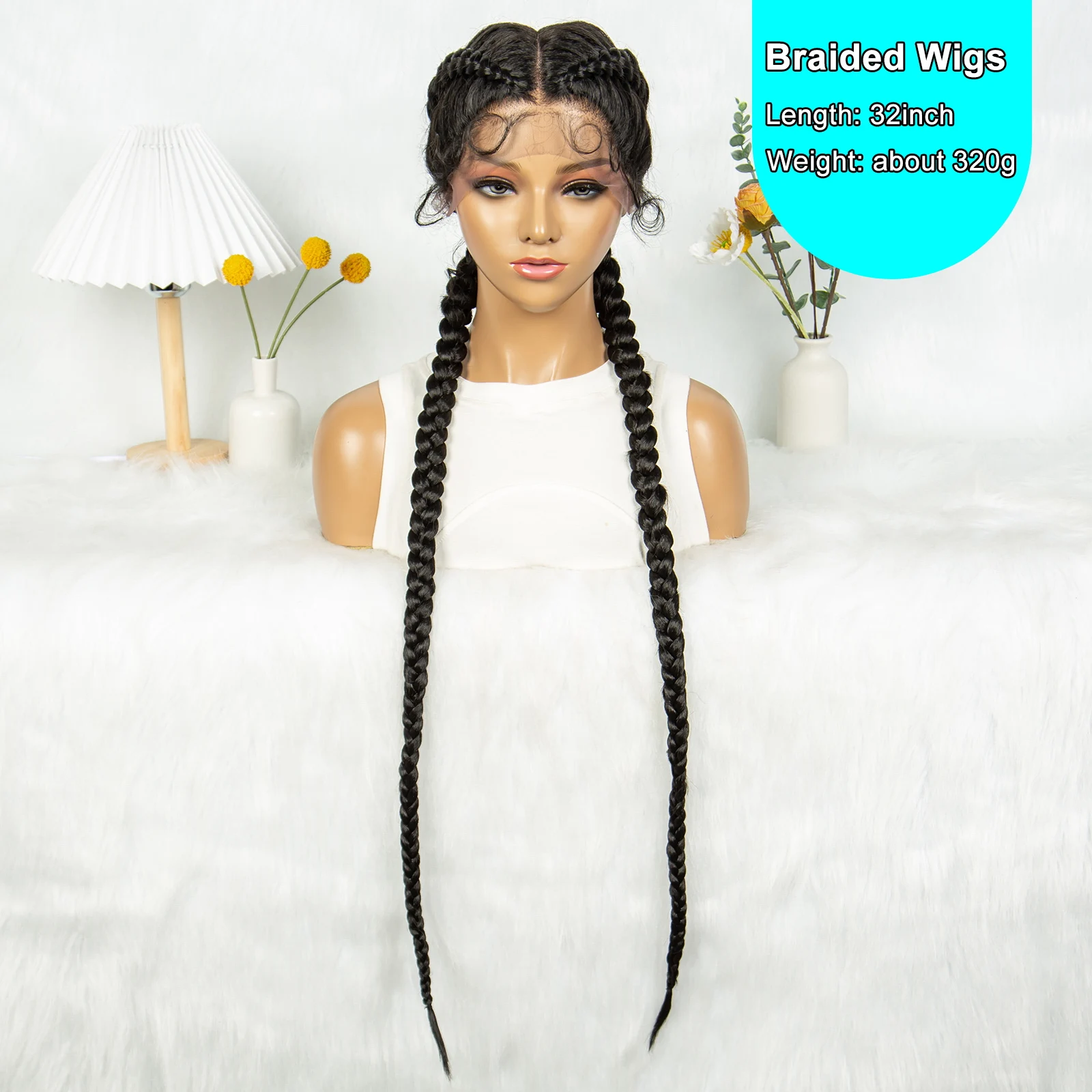 Kima 32 Inches Synthetic Cornrow Boxer Braided Wigs Lace Front Twins Dutch Braids Wig With Baby Hair for Black Women