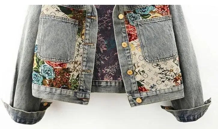 Female Splicing Large Pockets Denim Jacket Fashion Jacquard Embroidery  Slim Short Cowboy Outerwear Printed Denim Jacket