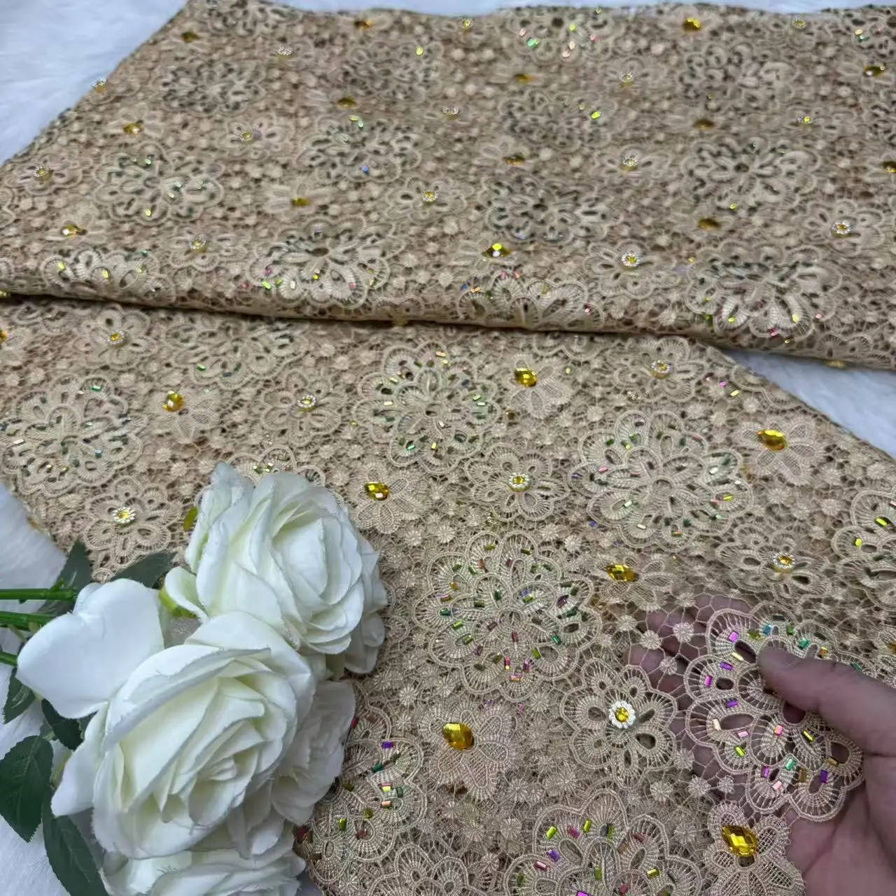 

Bestway Latest African Style Dual-Color French Lace Fabric with Gemstone Design for Fashion And Crafts