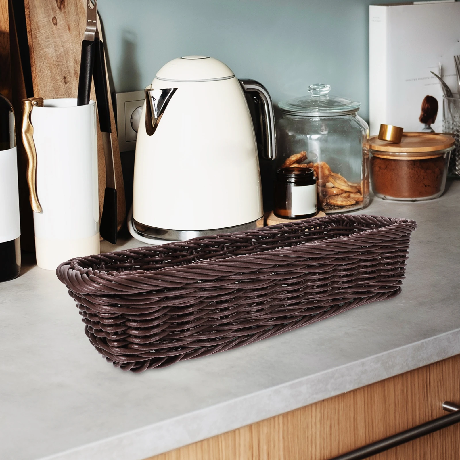 

2 Pcs Rectangular Woven Baskets Spice Jar Storage Boxes Kitchen Silverware Organizer Plastic Household