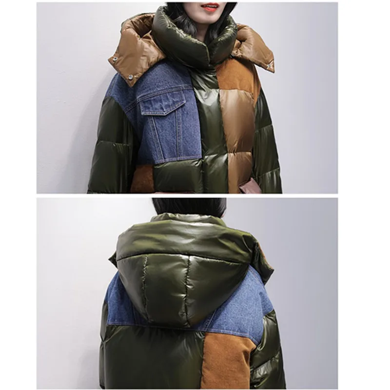 Denim Splicing Down Jacket Women 2024 Winter New Hooded Loose Thicken 90%White duck down Coat Female Warm Parka Casual Overcoat