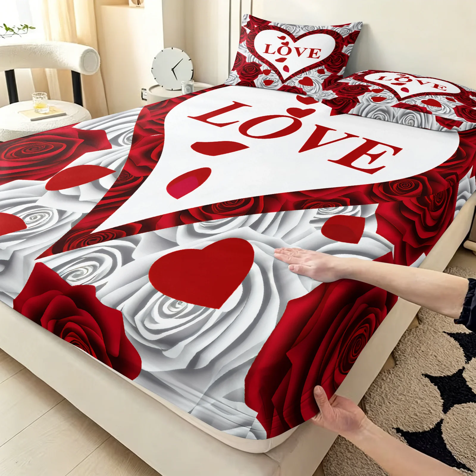 2D Romantic Red Rose and Heart Pattern Bedding Set, Floral Bedding Mattress Cover with Pillowcases, Three-Piece Bedding Set (Includes 1 Fitted Sheet + 2 Pillowcases), Large Capacity Deep Pocket 2D Printed Fitted Sheet and 2 Pillowcases, Three-Piece Set, Elastic Fitted Sheet and 2 Pillowcases, Mattress Protector, Fitted Style, Protective Cover, Mattress Protector, Suitable for All Seasons, Machine Washable Design, Holiday Decoration, Various Sizes, Breathable Protective Cover with Pillowcases
