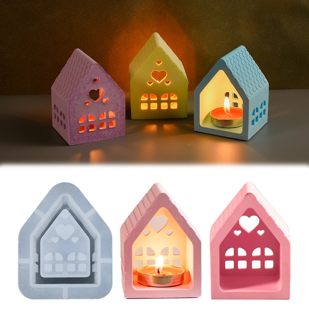 3D House Candlestick Molds Reusable House Handicraft Mold Ornament Love House Shaped Candlestick Silicone Mould Table Decoration