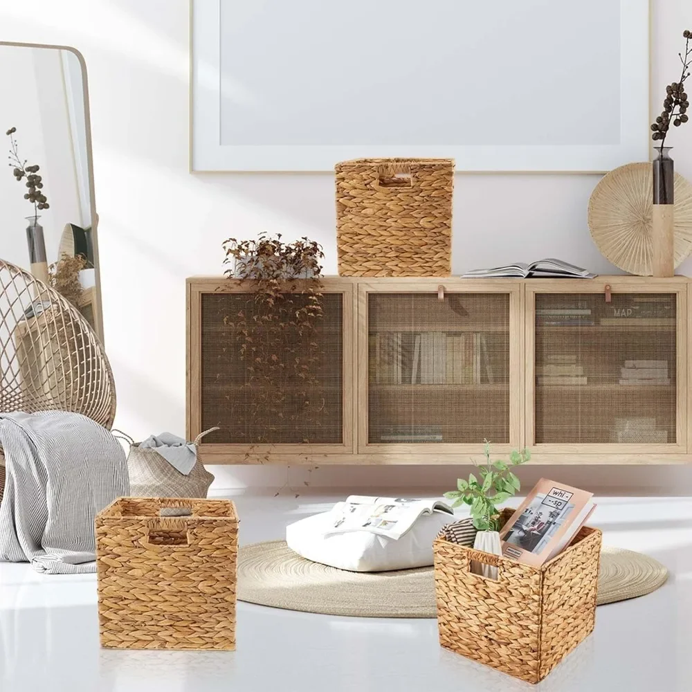 12 Pcs Wicker Storage Basket Bulk Handwoven Water Hyacinth Storage Baskets Cube Storage Bin with Handles Woven Baskets Laundry