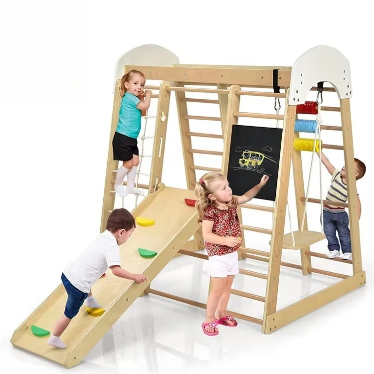 

Montessori Baby Climber Wood Climbing Frame Kids Picklers Climbing Wall With Gymnastic Rings Slide Set Indoor Playground
