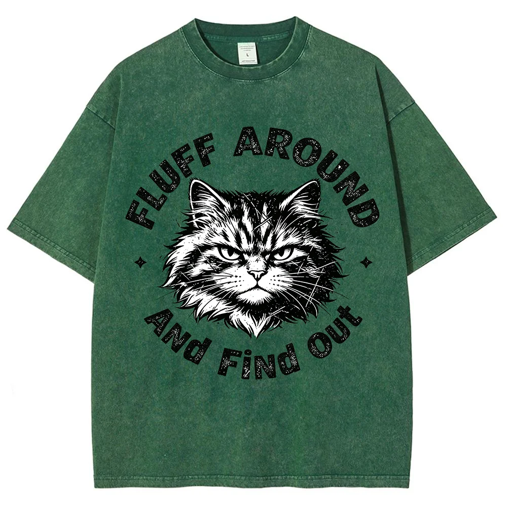 Men Women Fluff Around And Find Out T Shirt Funny Angry Cat Graphic Print Tees Oversized Washed Vintage Cotton Short Sleeve Tops
