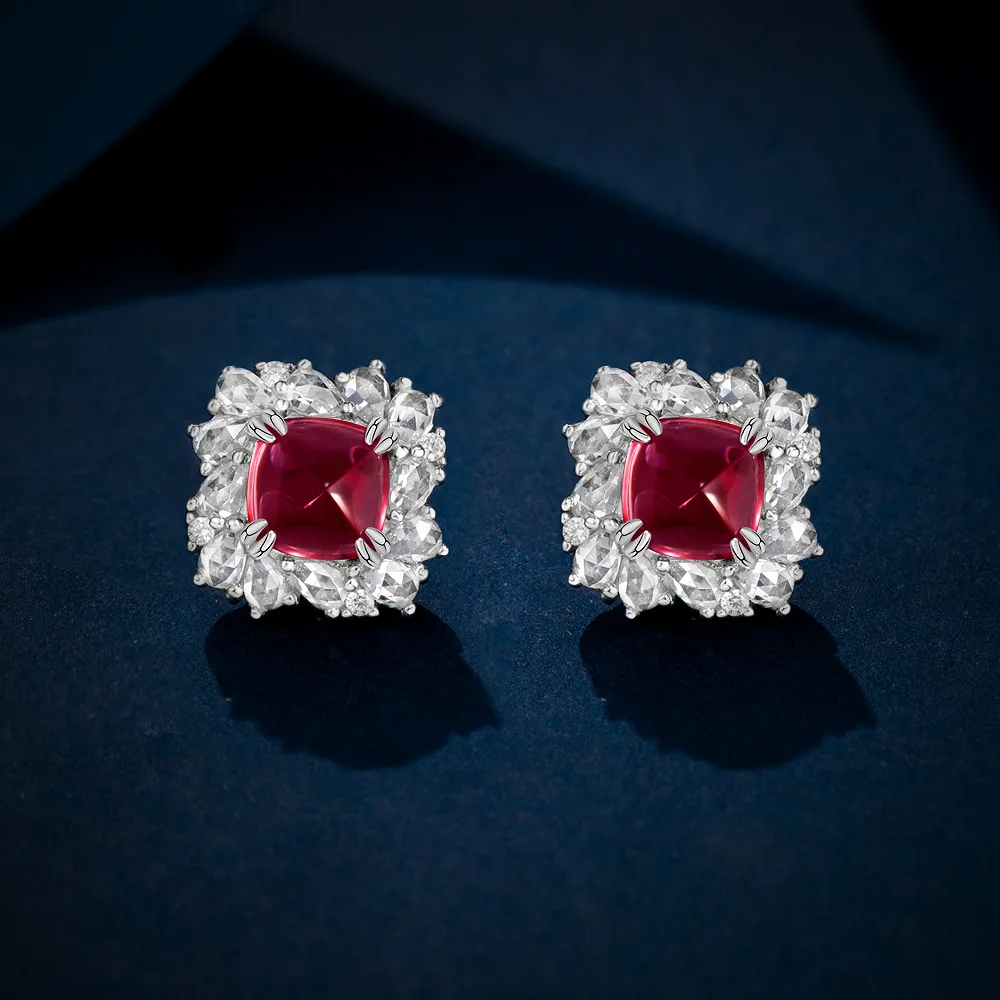 

New S925 Silver Red Treasure/Emerald Sugar Tower 6.5 * 6.5 Exquisite 1.7ct Inlaid Rose Cut High End Earnail Wedding Jewelry