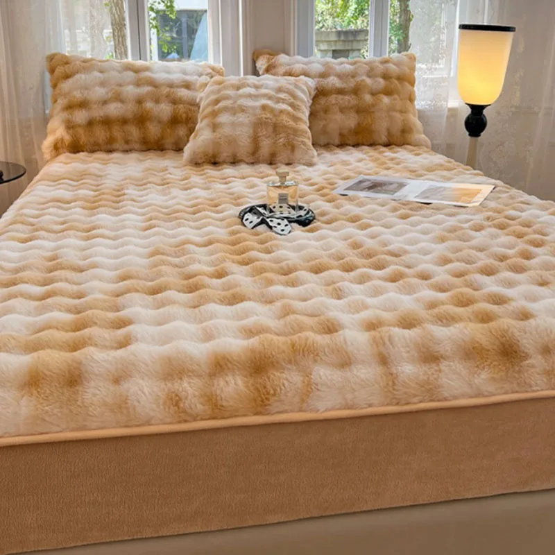 

A-Class Faux Rabbit Plush Fitted Sheet Thick Coral Fleece Mattress Cover for Autumn Winter Super Soft Warm Bedding for Single