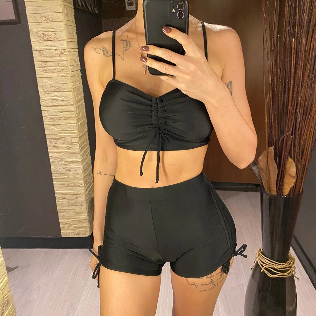 Geknitterte, geknotete Shorts, Bikini mit hoher Taille, Damen-Badeanzug, zweiteiliges Bikini-Set, Badebekleidung, Badeanzug, Schwimmanzug V6197 – Detail 6