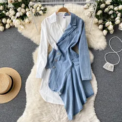 Hotsweet Long Sleeves Vintage Turn-down Collar Chic Asymmetrical Slim Blouse Spliced Denim Dresses High Street Autumn Clothing