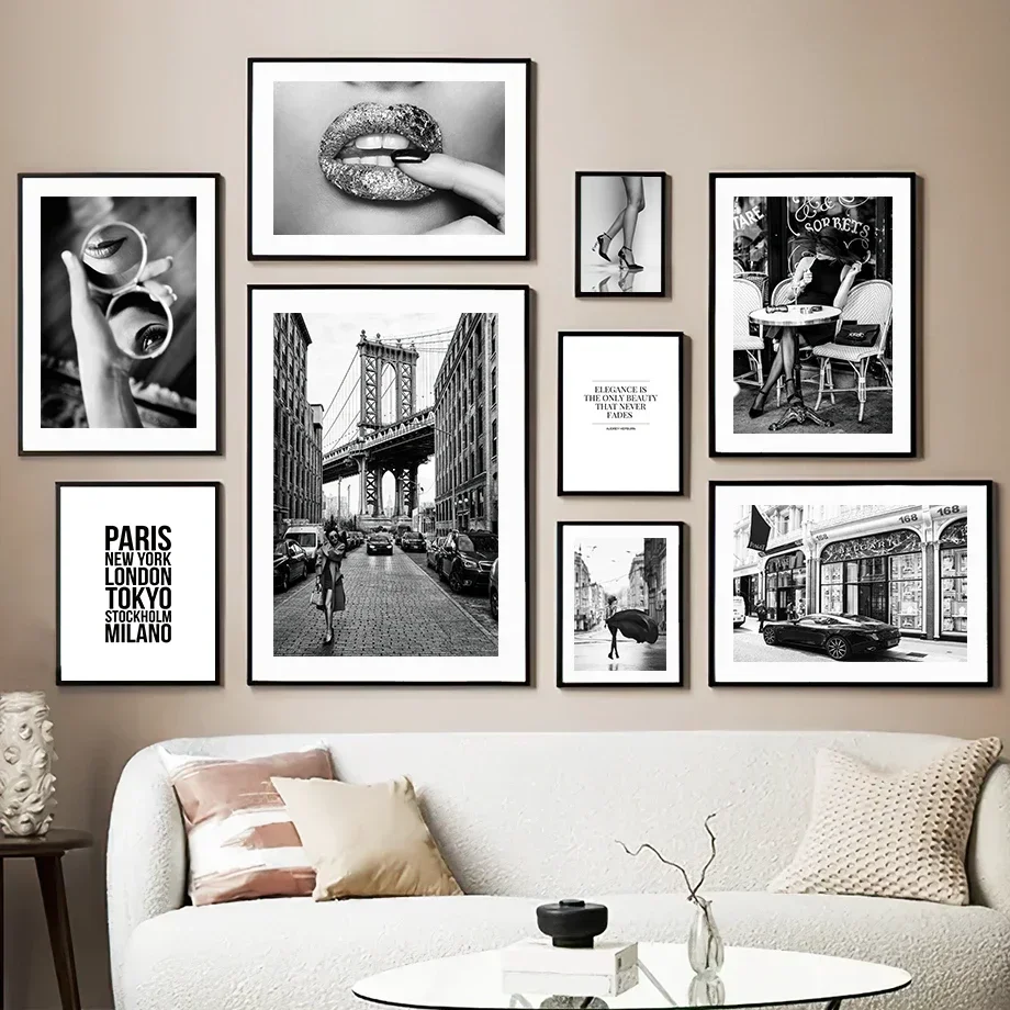 

2D/Flat Noframed Black White Landscape Wall Art Mural Canvas Painting Fashion High Heel Girl Paris Posters for Living Room Decor