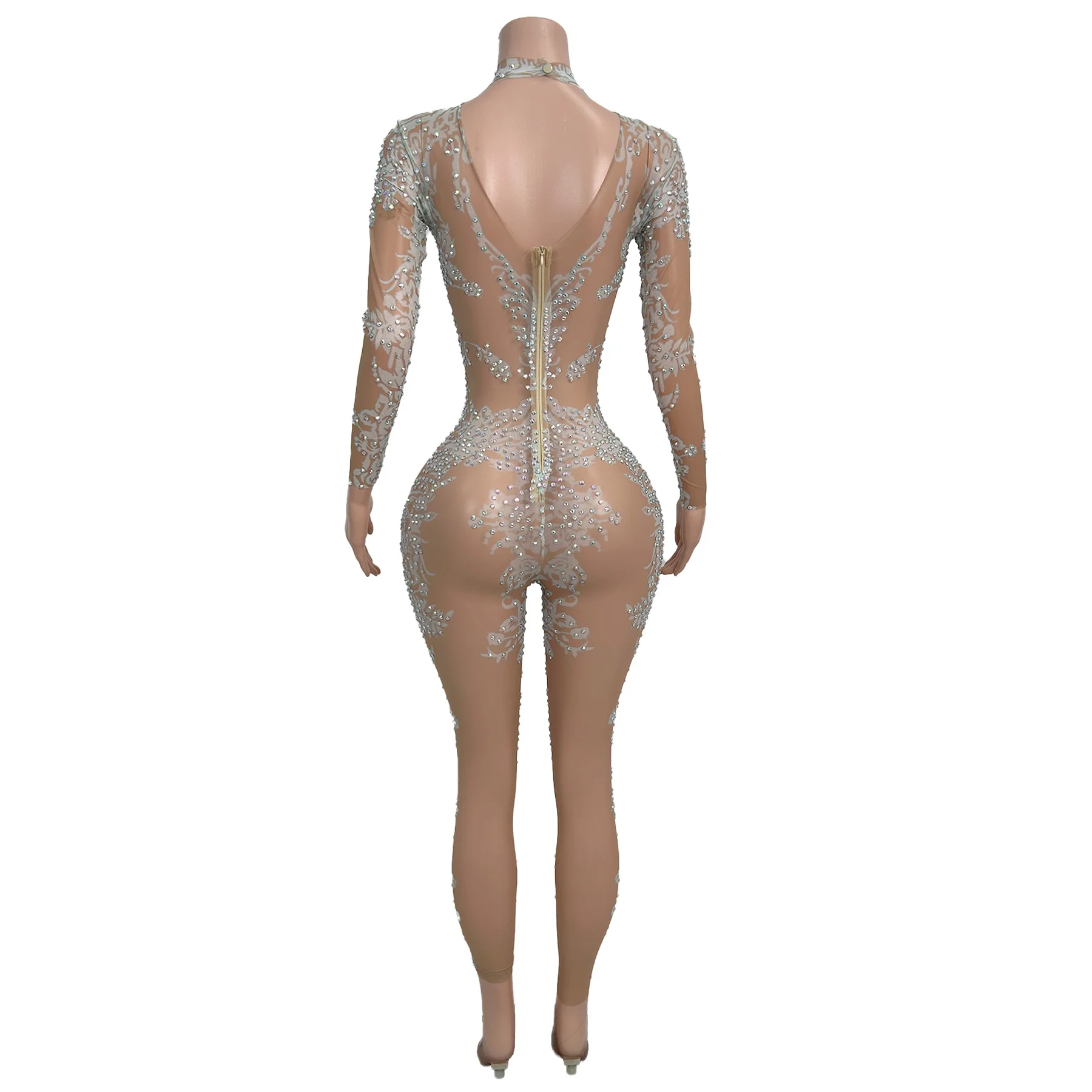 Baiputao الفاخرة النساء بذلة الفضة حجر الراين مثير انظر من خلال شبكة بذلة بار مرحلة الأداء الزي فساتين حفلات عيد ميلاد #4