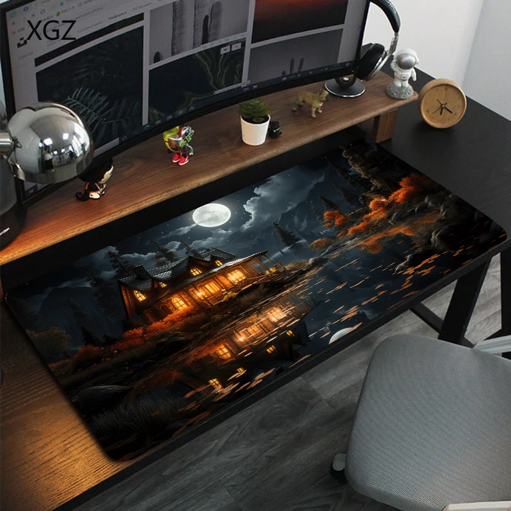 

Dark Fantasy Forest Cabin Oversized Mouse Pad Moonlit Mystery Gaming and Office Desk Mat with Locked Edges for Esports Keyboards