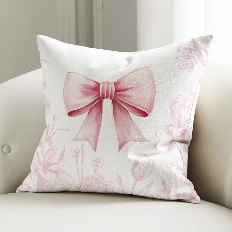 

Pink Bow & Flower Pillow Cover, Watercolor Print Cushion Case, Elegant Sofa Bedroom Decor Accent Pillow