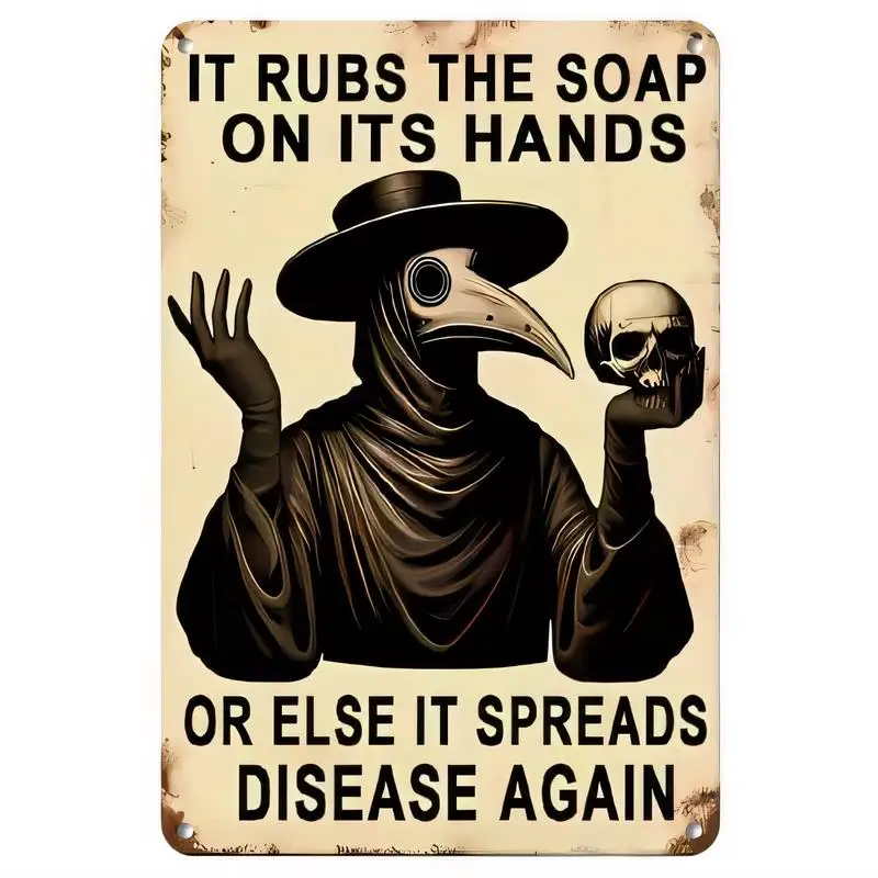 Retro Distressed Plague Doctor Metal Tin Sign - 2D Flat Iron Wall Art with Skull & Handwashing Quote, Vintage Style, for Bathroo