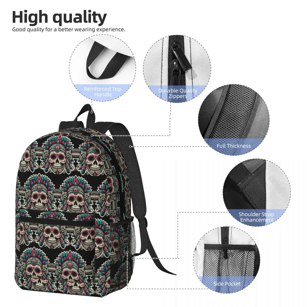 Aztec Skull With Plume Backpack Daypack Large Capacity Children BookBag School Bag Shoulder Bags for Men Women