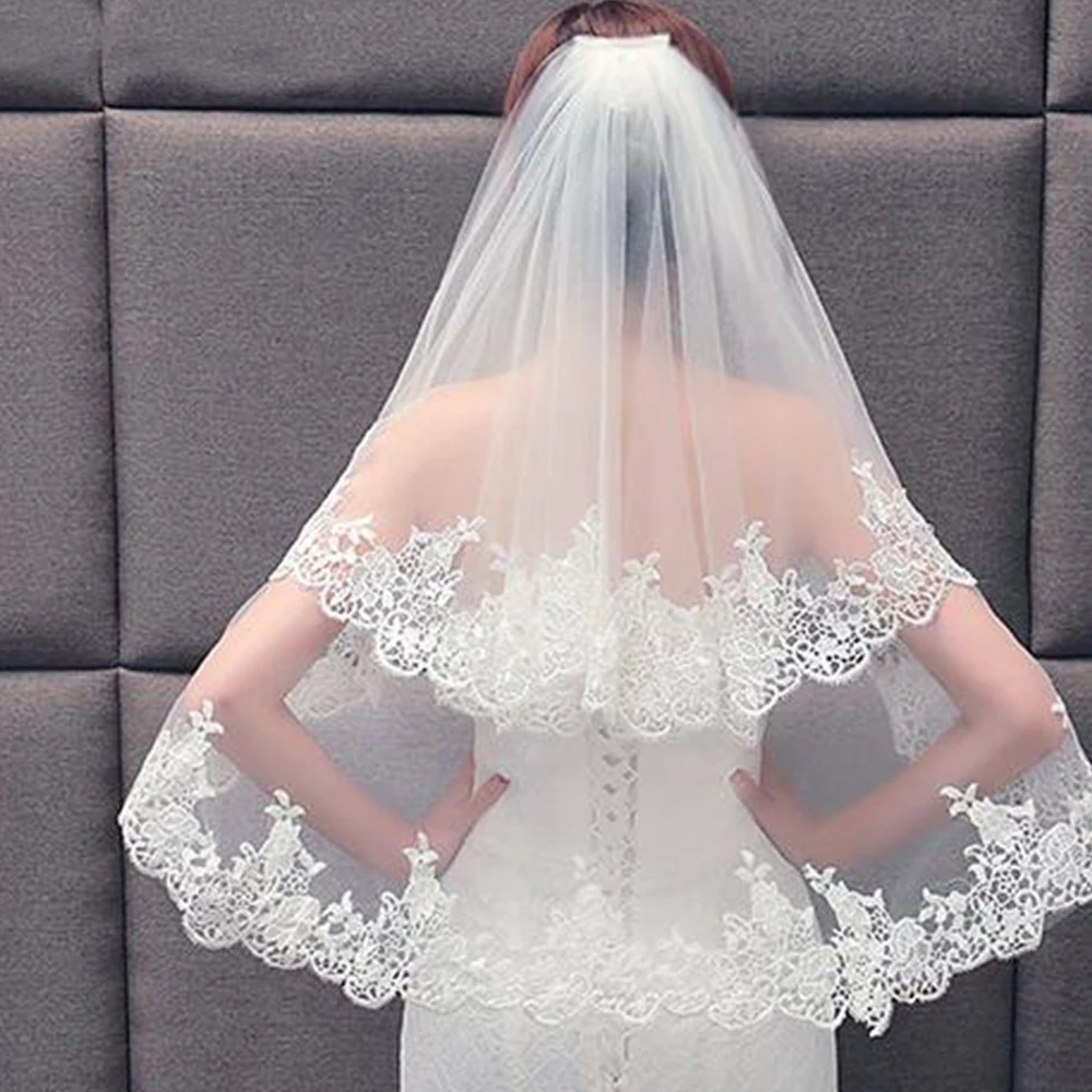 Two Layers Lace Applique Edge Bridal Veil with Comb Women Wedding Accessories White Ivory