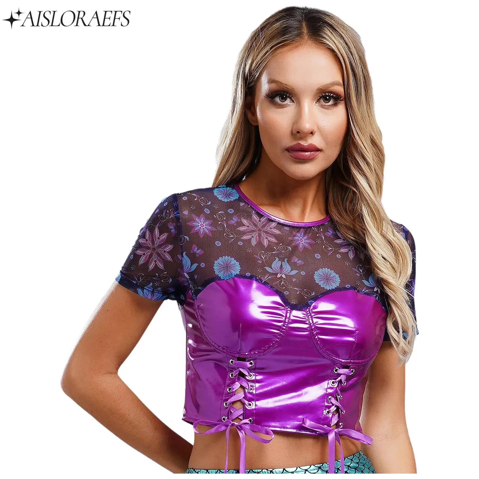 Women Gothic Patchwork Crop Top Jazz Music Festival Performance Y2K Print Mesh Glossy Leather Short Sleeve Lace-up Bustier Top