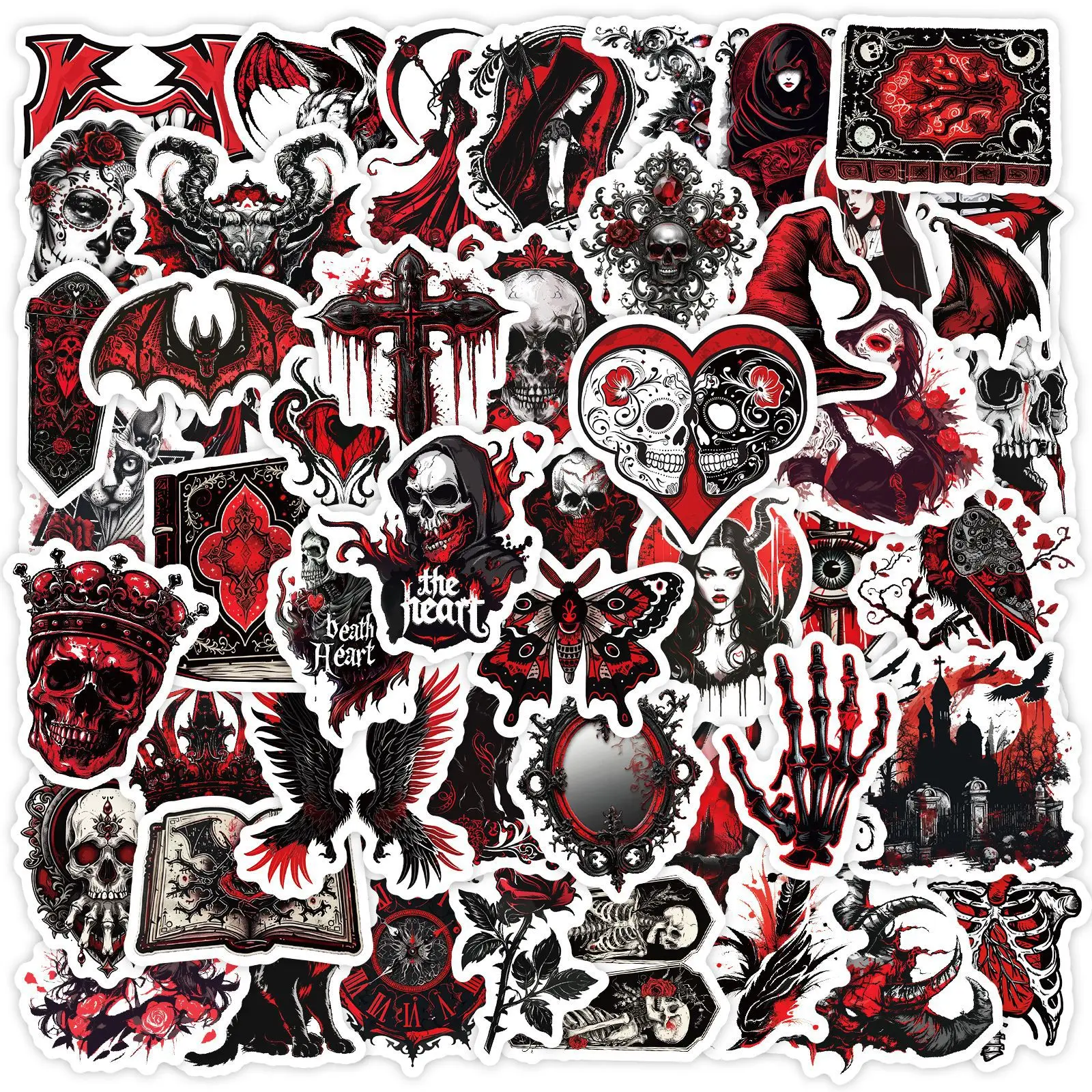 50pcs Black-red Gothic Skeletons Cartoon Graffiti Stickers DIY Phone Guitar Notebook Suitcase Waterproof Sticker Kids Toy Gifts