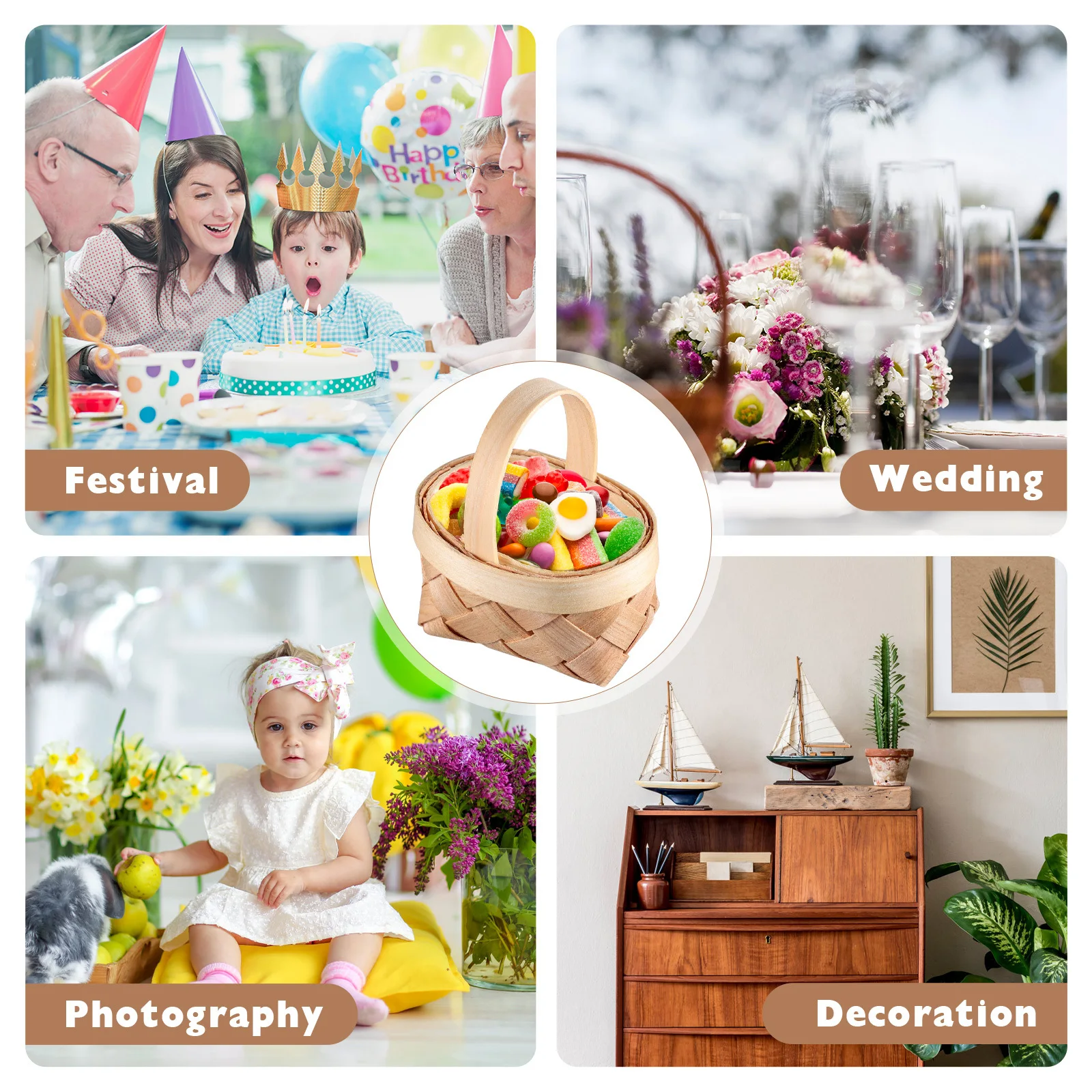 

Creative Mini Wooden Baskets Natural Woven Storage Small Light Brown Hanging Craft Organizer Portable Candy Holder Decorative