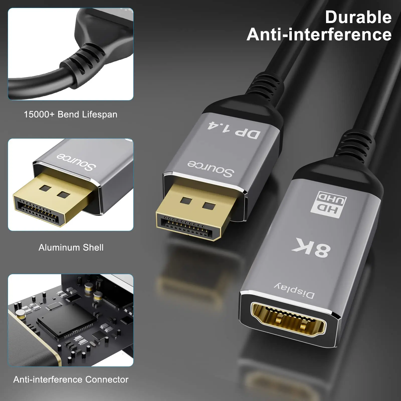 ديسبلاي بورت 1.4 إلى HDMI 2.1 محول كابل ، 8K @ 60Hz ، 4K @ 120Hz ، DP إلى HDMI متوافق ، محول كابل من الذكور إلى الإناث