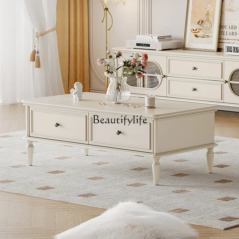 

Solid wood coffee table simple modern rectangular French cream style white long coffee table