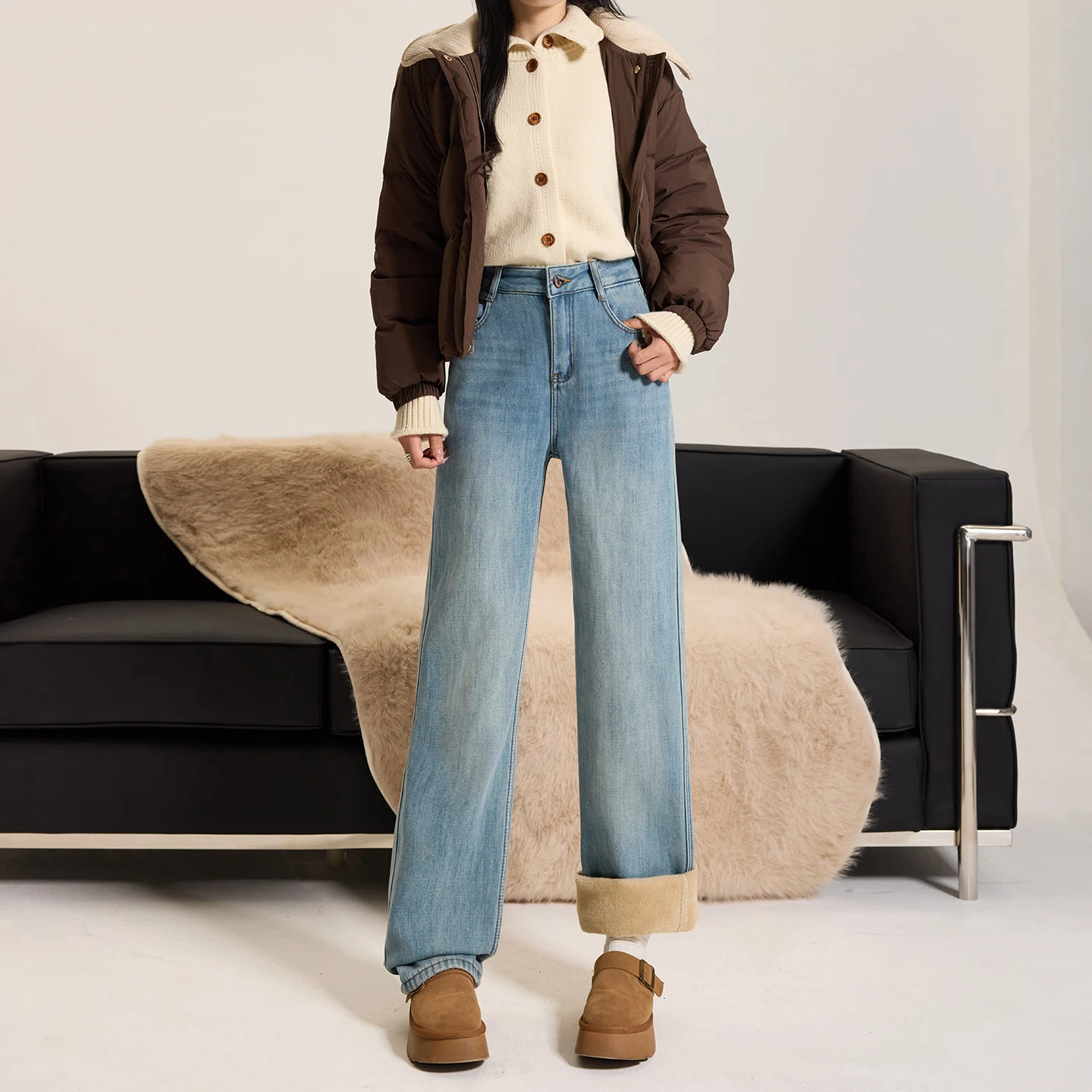 

High Waist Thickened Fleece Straight Leg Jeans Women's Slim Fit Warm Loose Slimming Drapey Floor-Length Pants Winter