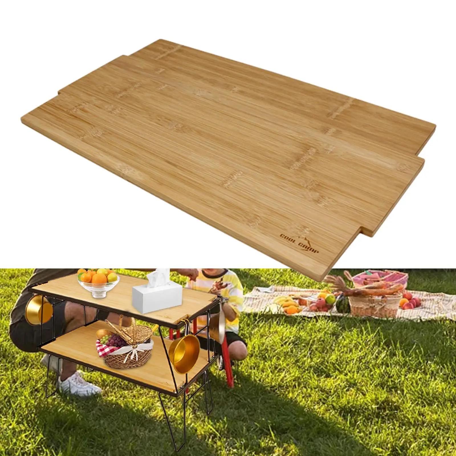 Mesa de acampamento dobrável multifuncional, cremalheira de armazenamento, placa de madeira de bambu, churrasco para mochila, piquenique, caminhadas