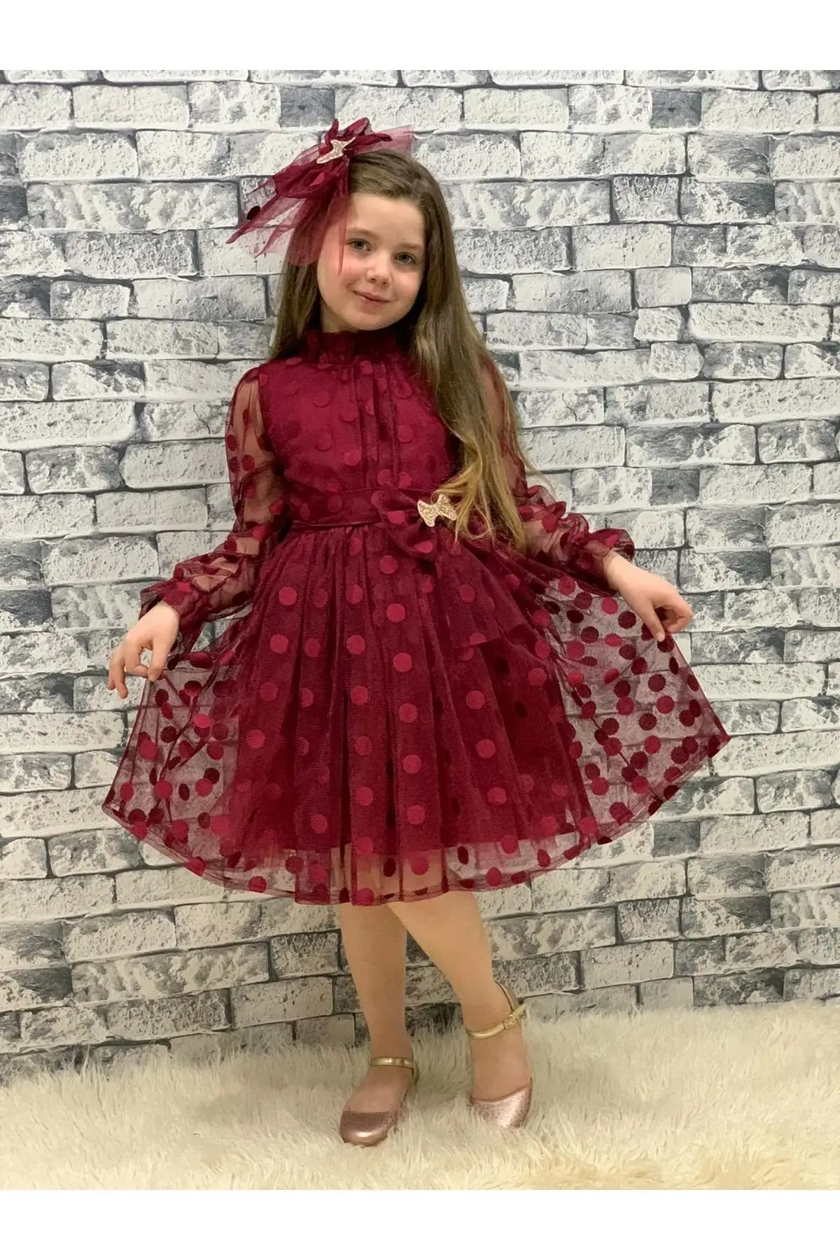 Female Child Maroon Lace Gauze Polka Dot Dress