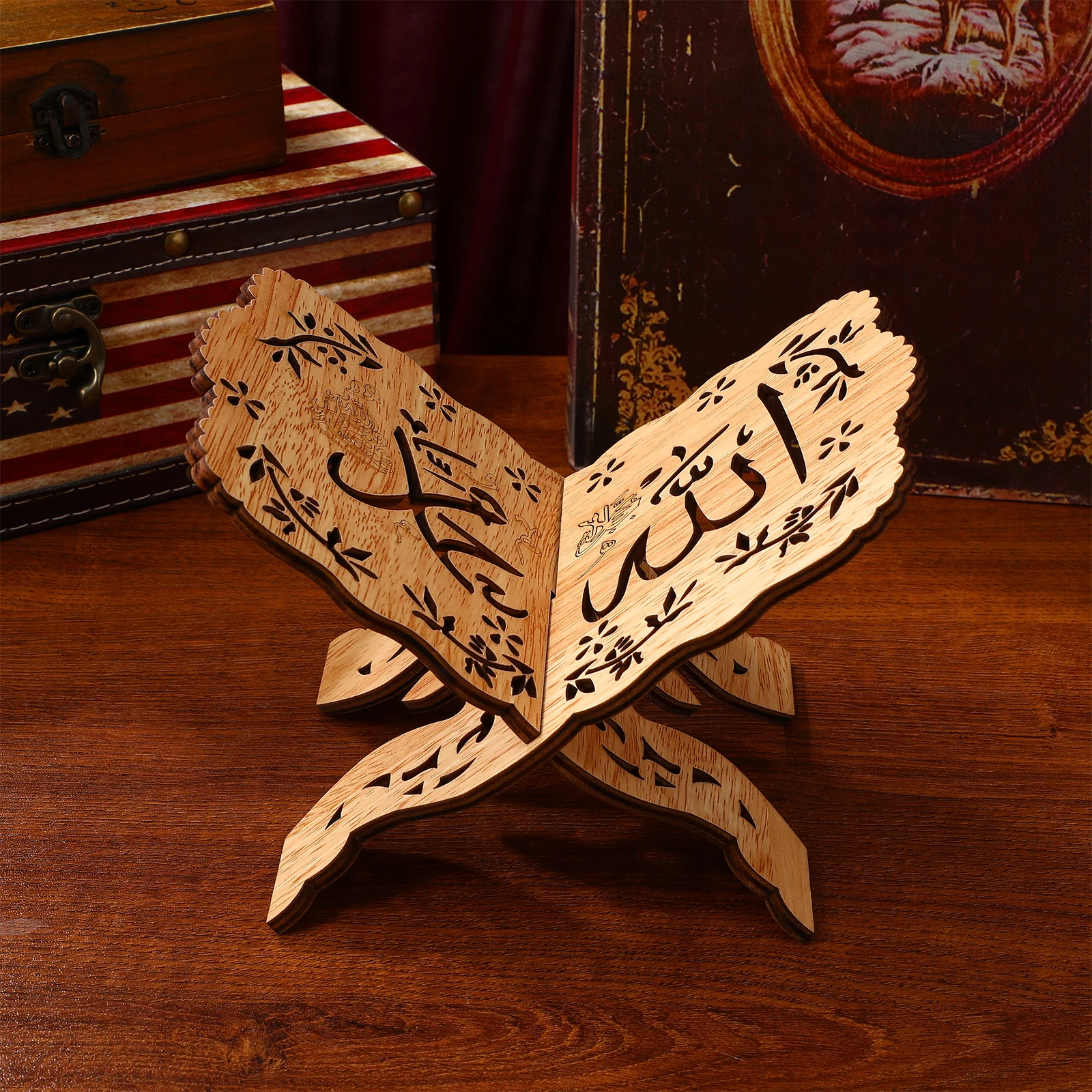 

Wooden Book Stand Hollow-Out Pattern Bookshelf Organizer Display Rack For Recipe Books Magazines Quran Holder Easy Install