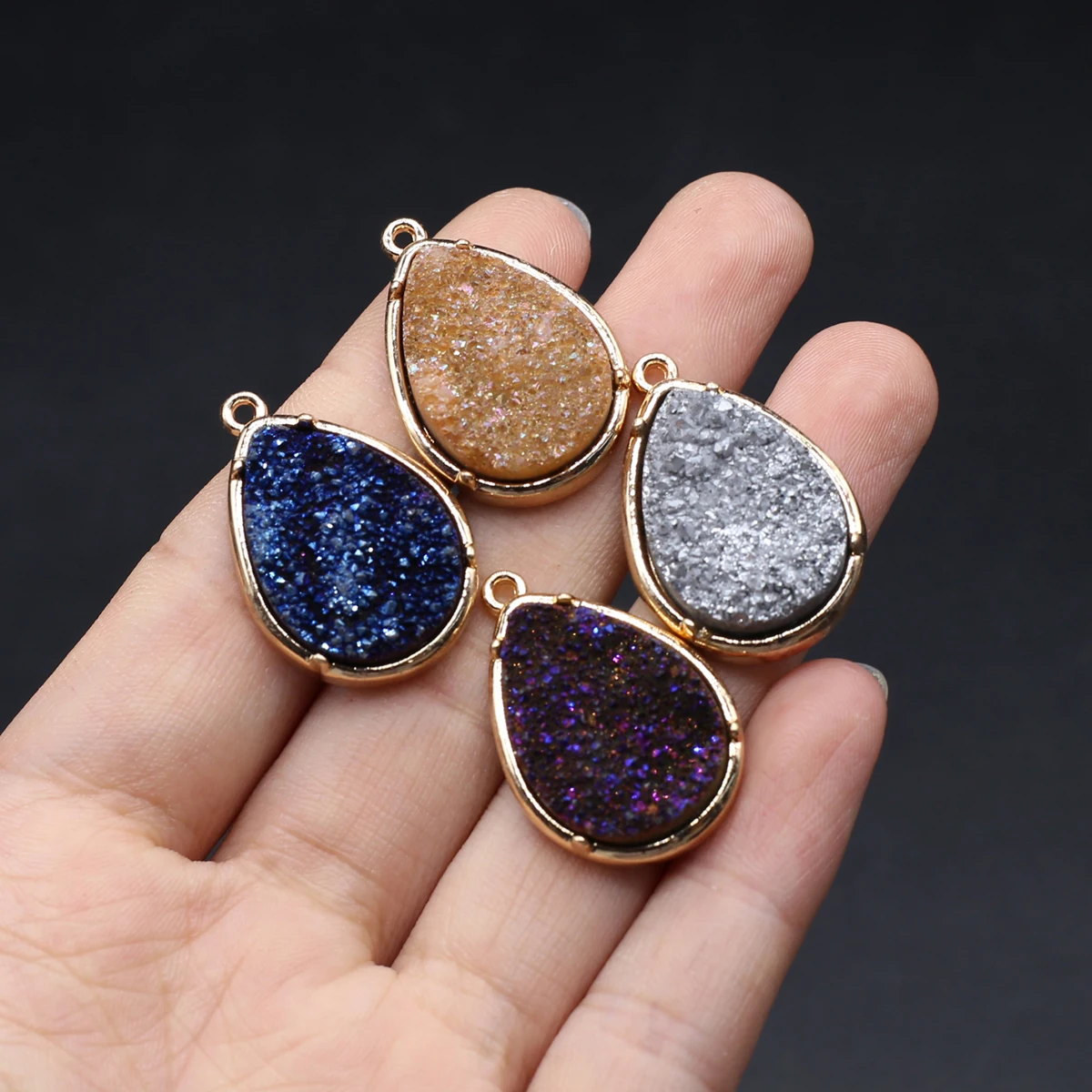 6PCS Natural Semi Precious Gemstone Plated Crystal Drop Shaped Gold Edge Pendant Jewelry Making DIY Necklace Earrings Accessorie