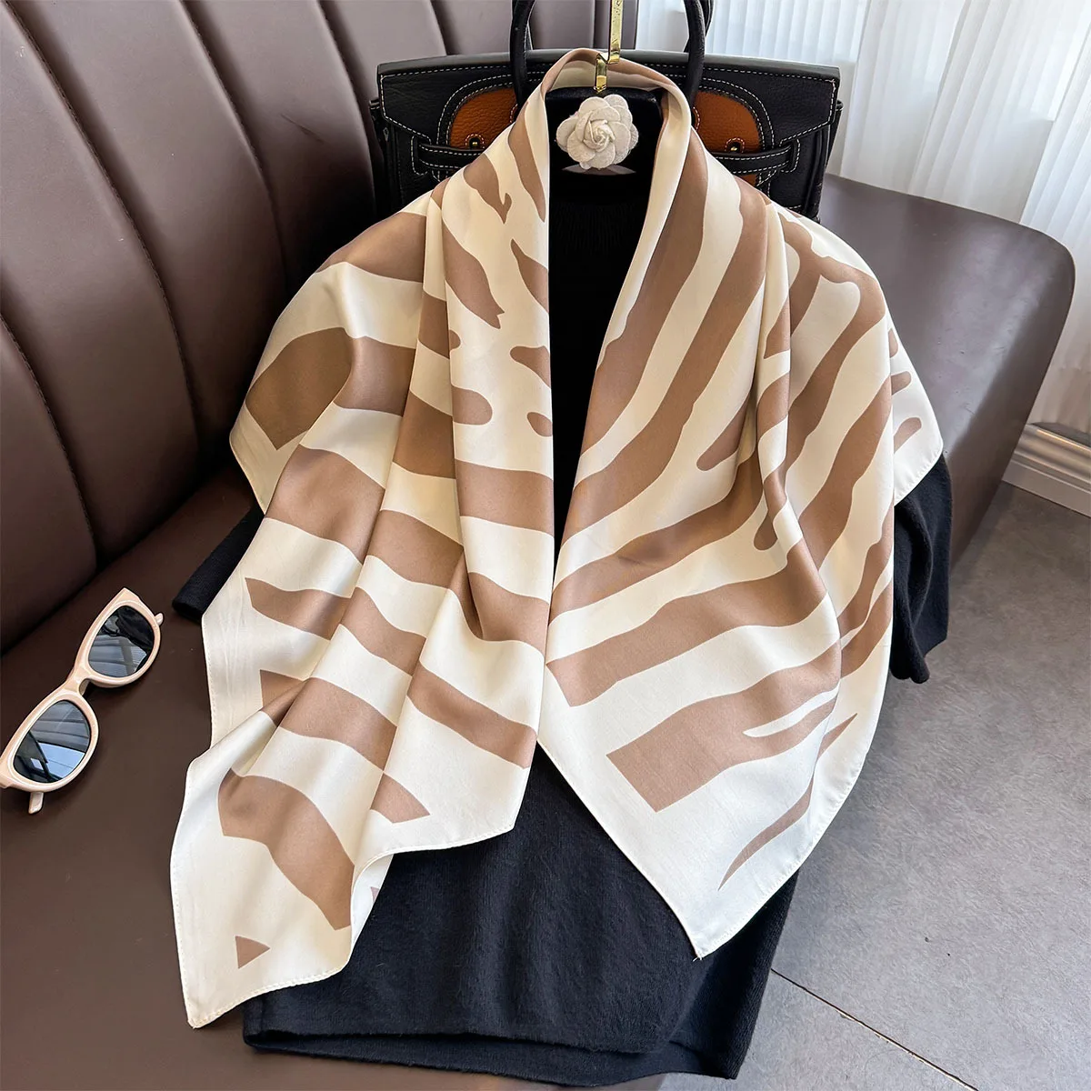90*90cm Twill Silk Scarf Women Square Bandana Shawls Soft Foulard Femme Hijab Luxury Bufandas Neckerchief Brown Hair Accessories image 4